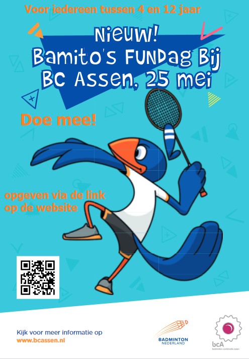 Fundag jeugd tot 12 jaar voor de niet (gevorderde) badmintonner 25 mei van 9:00 - 11:00